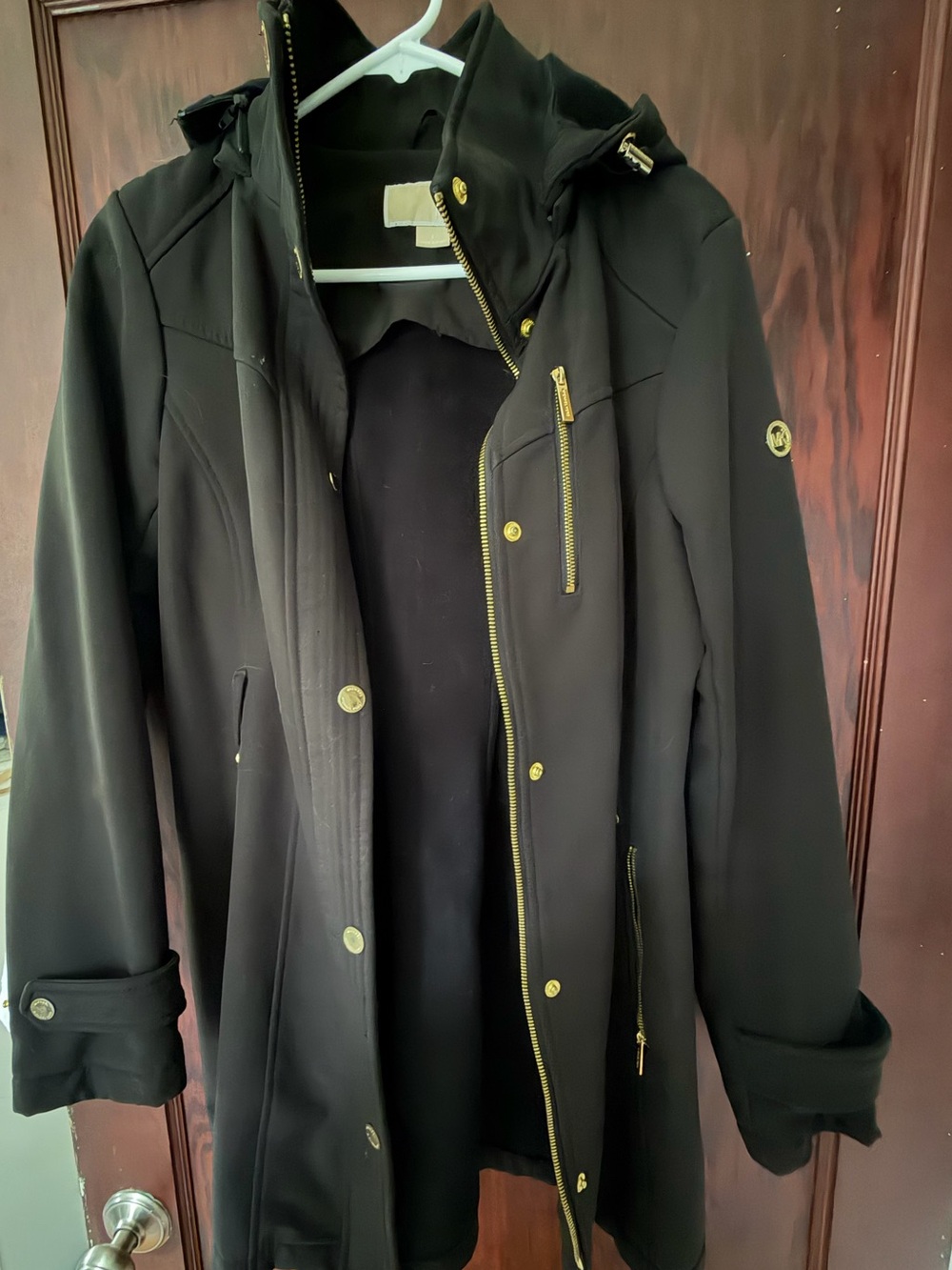 Michael Kors Women’s Black Hooded rainCoat with Gold Hardware